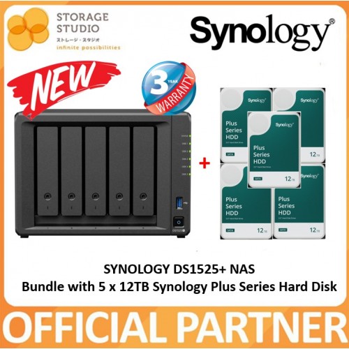 SYNOLOGY 5-Bay Diskstation DS1525+ Bundle with 5 x 12TB Synology Plus Series. Singapore 3 Years Warranty.